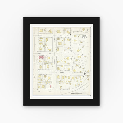 Old map wall art mockup — black gallery frame with white mat — Sanborn Fire Insurance Map from Rockdale, Milam County, Texas (1912), Sheet #0005