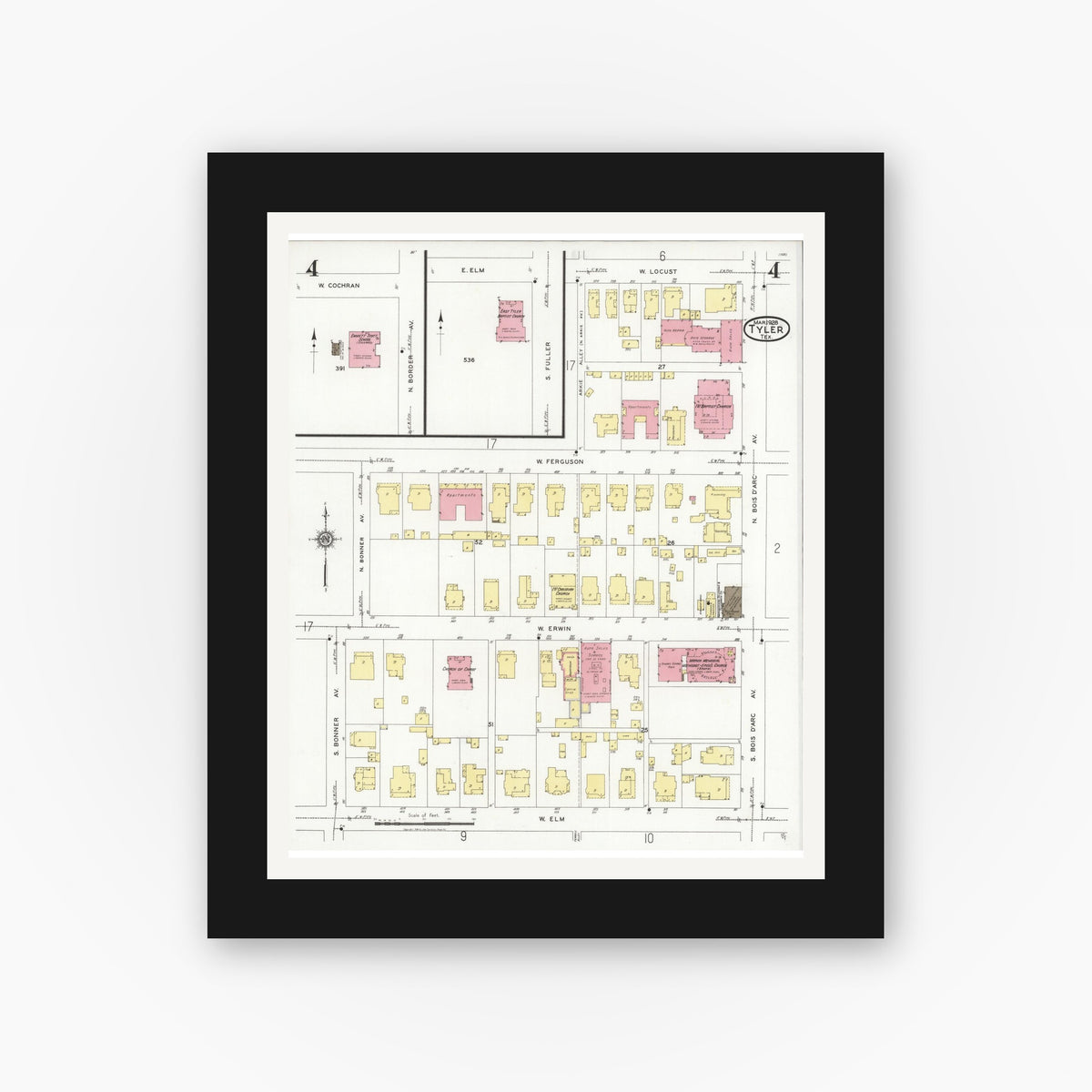 Old map wall art mockup — black gallery frame with white mat — Sanborn Fire Insurance Map from Tyler, Smith County, Texas (1928), Sheet #0004