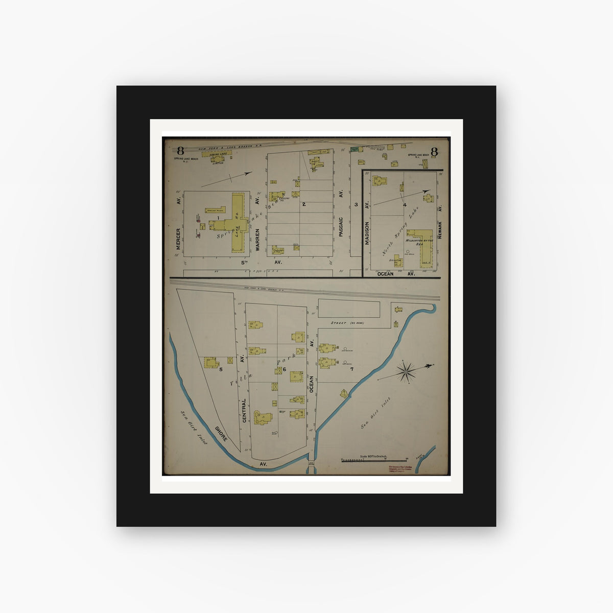 Old map wall art mockup — black gallery frame with white mat — Sanborn Fire Insurance Map from New Jersey Coast, New Jersey Coast, New Jersey (1890), Sheet #0008