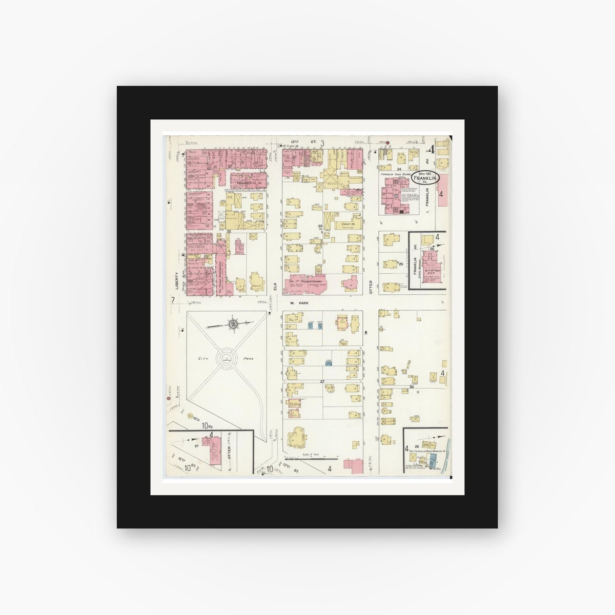 Old map wall art mockup — black gallery frame with white mat — Sanborn Fire Insurance Map from Franklin, Venango County, Pennsylvania (1912), Sheet #0004