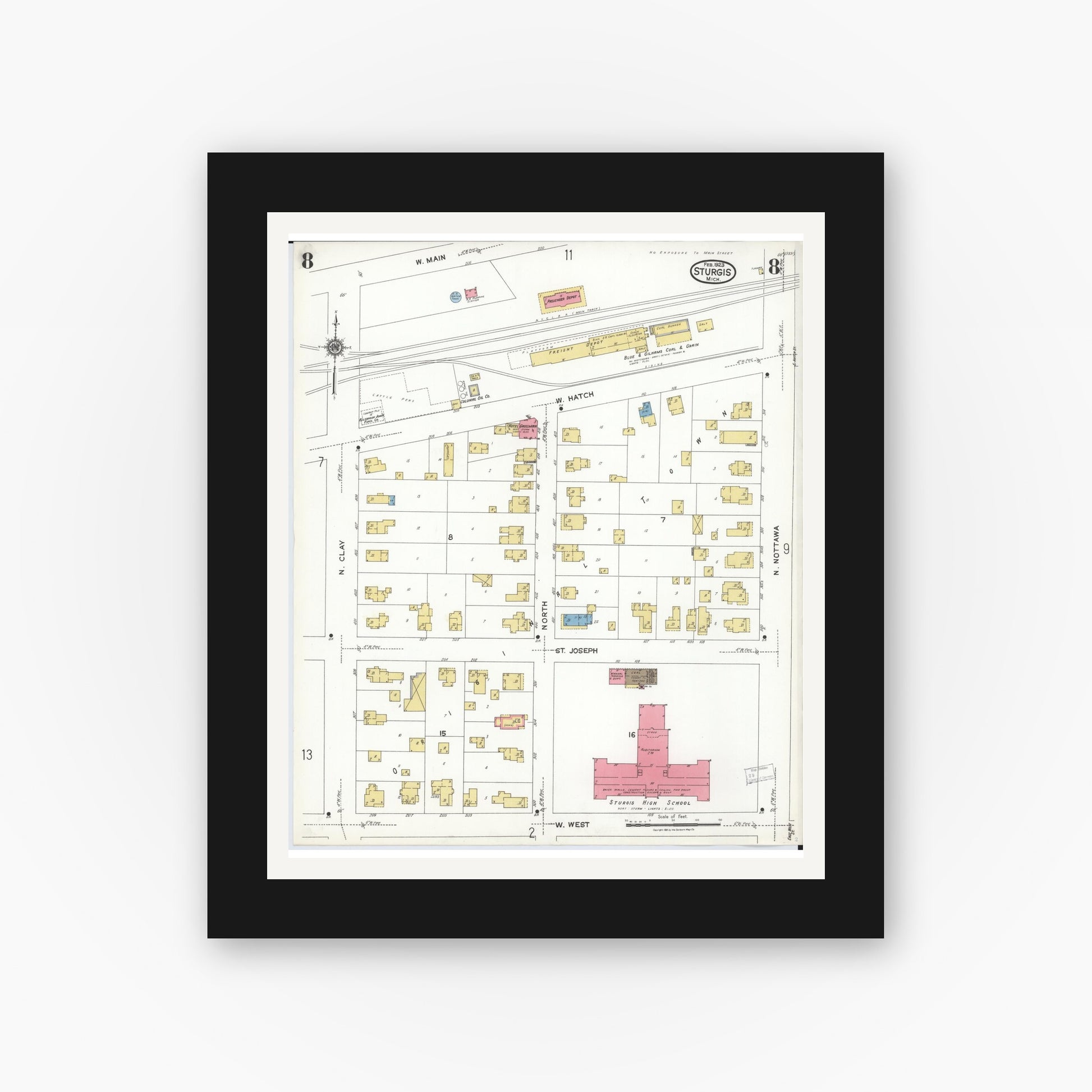 Old map wall art mockup — black gallery frame with white mat — Sanborn Fire Insurance Map from Sturgis, Saint Joseph County, Michigan (1923), Sheet #0008