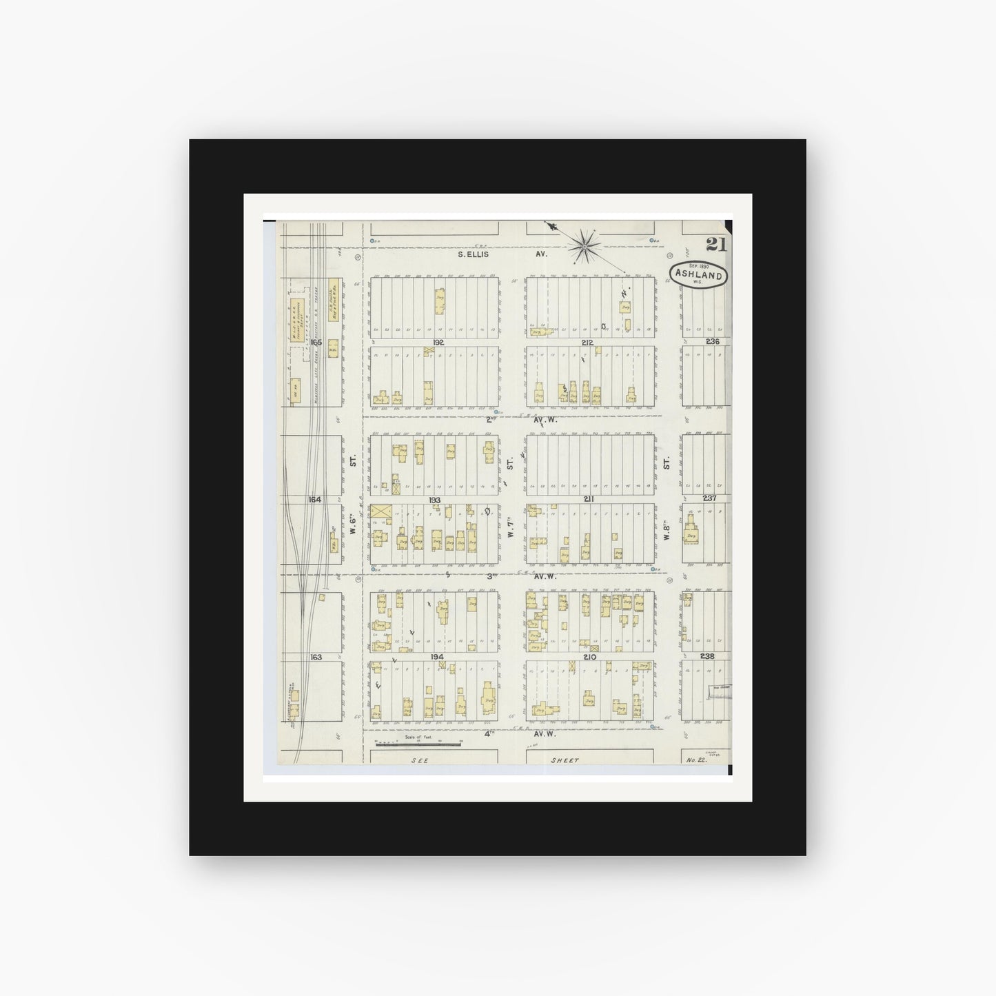 Old map wall art mockup — black gallery frame with white mat — Sanborn Fire Insurance Map from Ashland, Ashland County, Wisconsin (1890), Sheet #0021