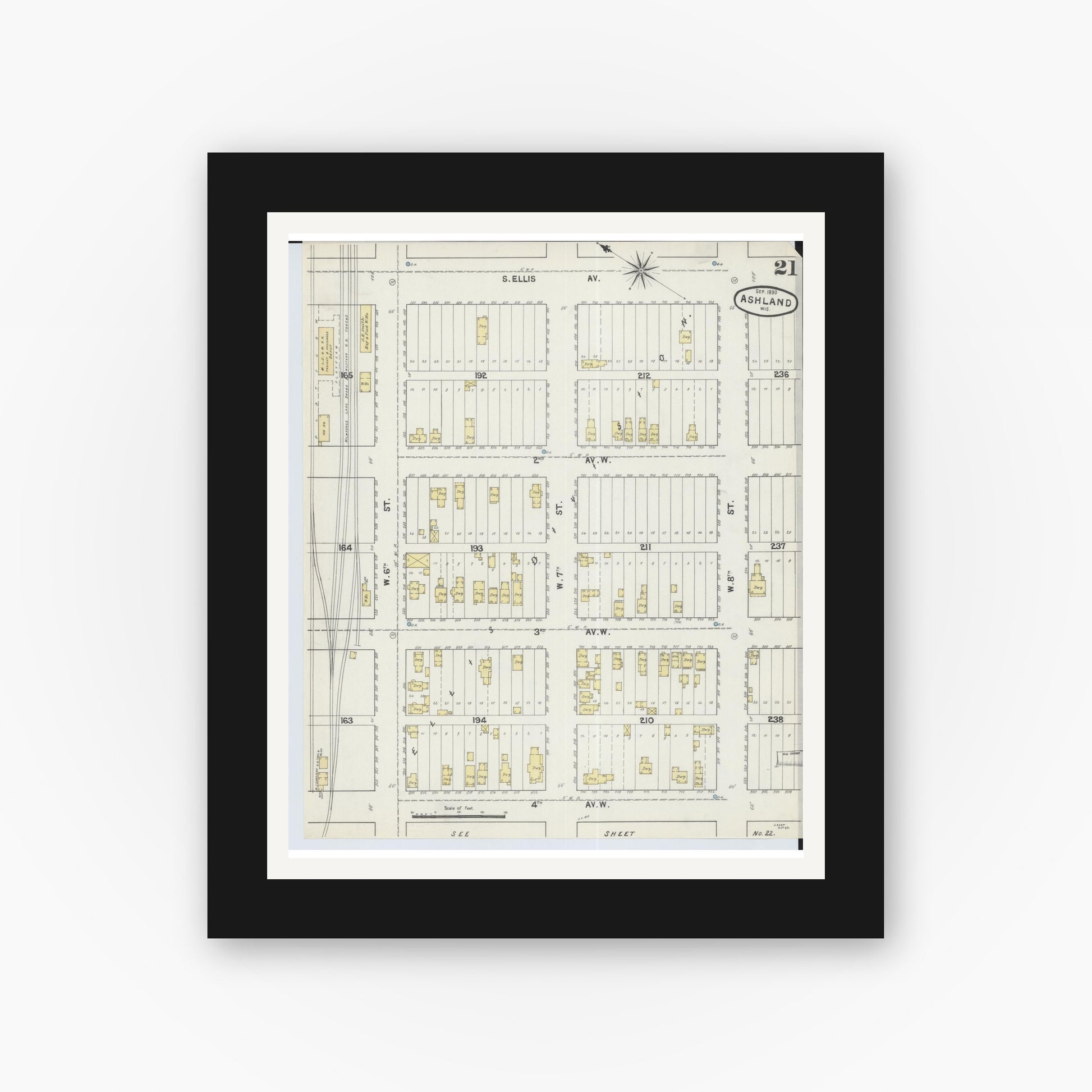 Old map wall art mockup — black gallery frame with white mat — Sanborn Fire Insurance Map from Ashland, Ashland County, Wisconsin (1890), Sheet #0021