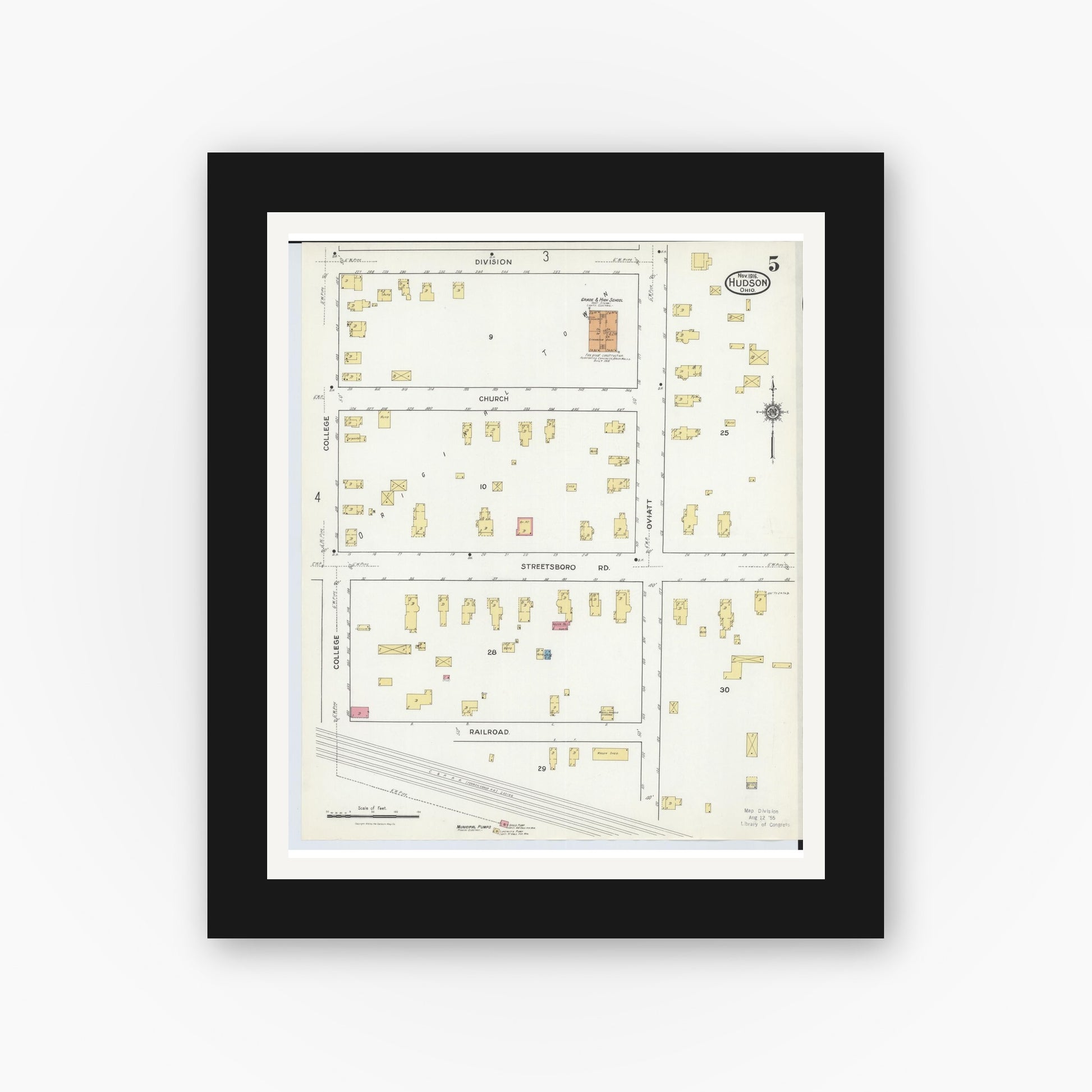 Old map wall art mockup — black gallery frame with white mat — Sanborn Fire Insurance Map from Hudson, Summit County, Ohio (1916), Sheet #0005