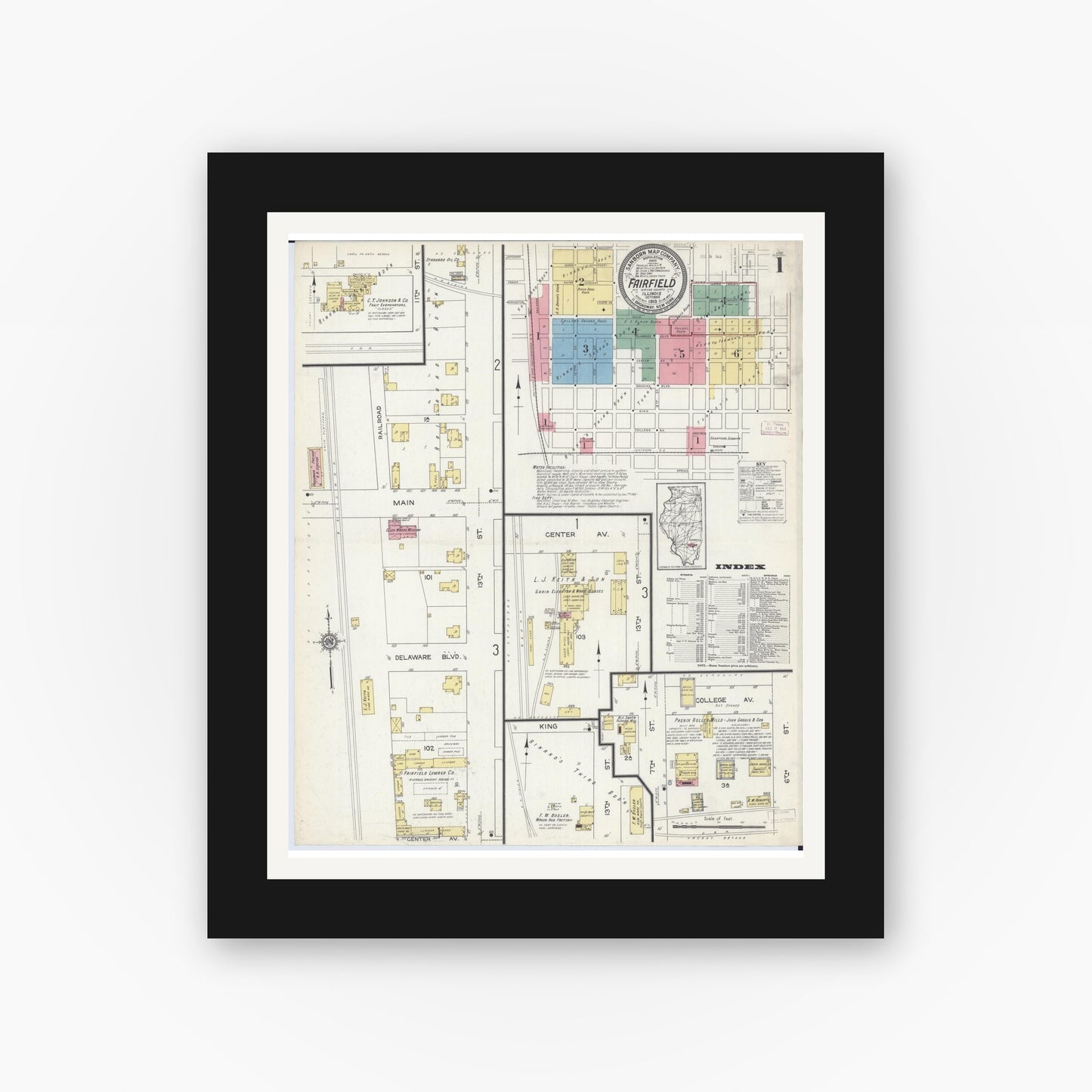 Old map wall art mockup — black gallery frame with white mat — Sanborn Fire Insurance Map from Fairfield, Wayne County, Illinois (1913), Sheet #0001
