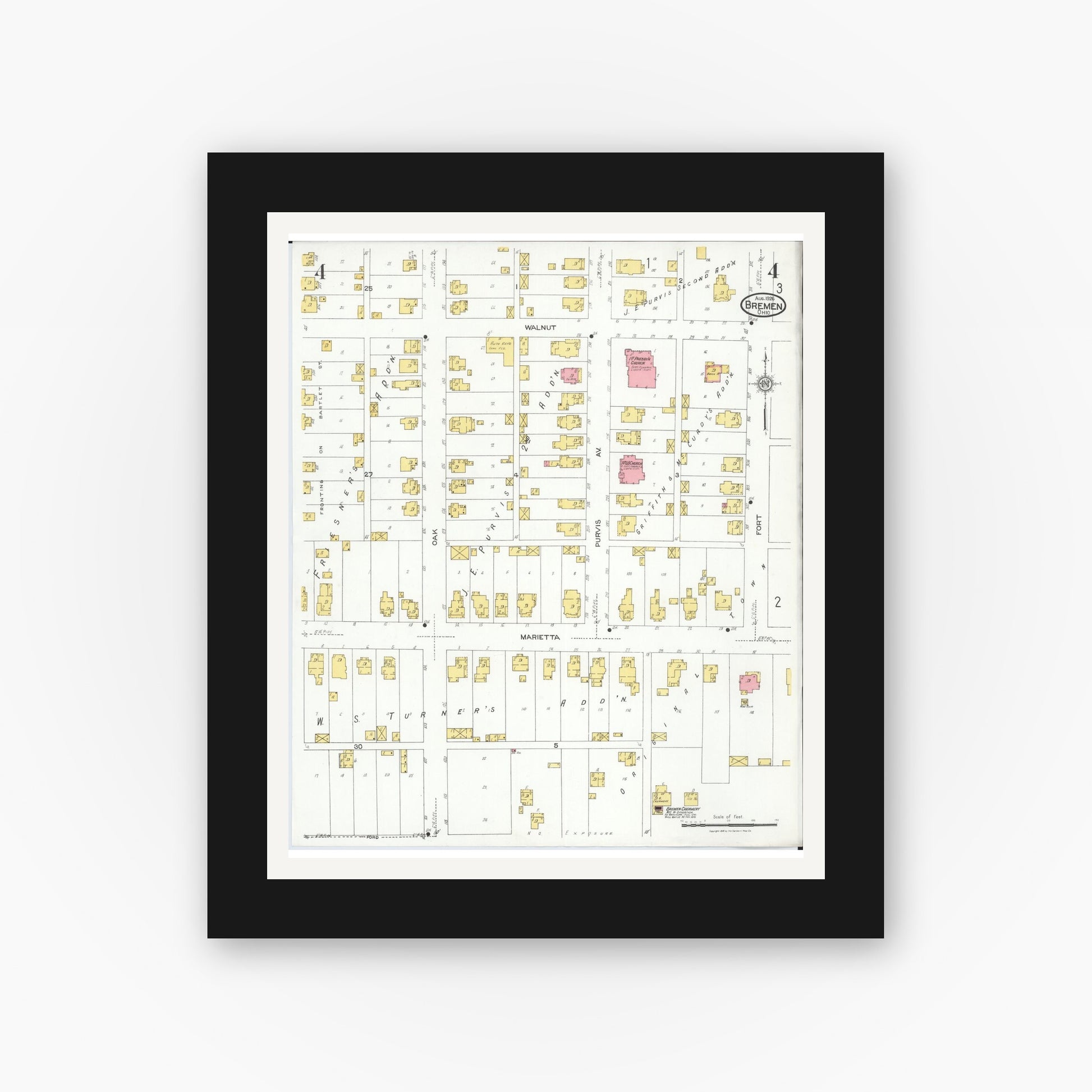 Old map wall art mockup — black gallery frame with white mat — Sanborn Fire Insurance Map from Bremen, Fairfield County, Ohio (1926), Sheet #0004