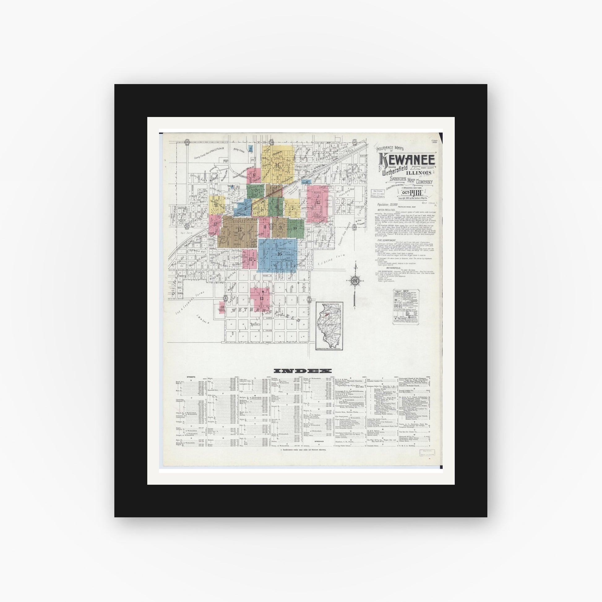 Old map wall art mockup — black gallery frame with white mat — Sanborn Fire Insurance Map from Kewanee, Henry County, Illinois (1918) - Complete Map Set