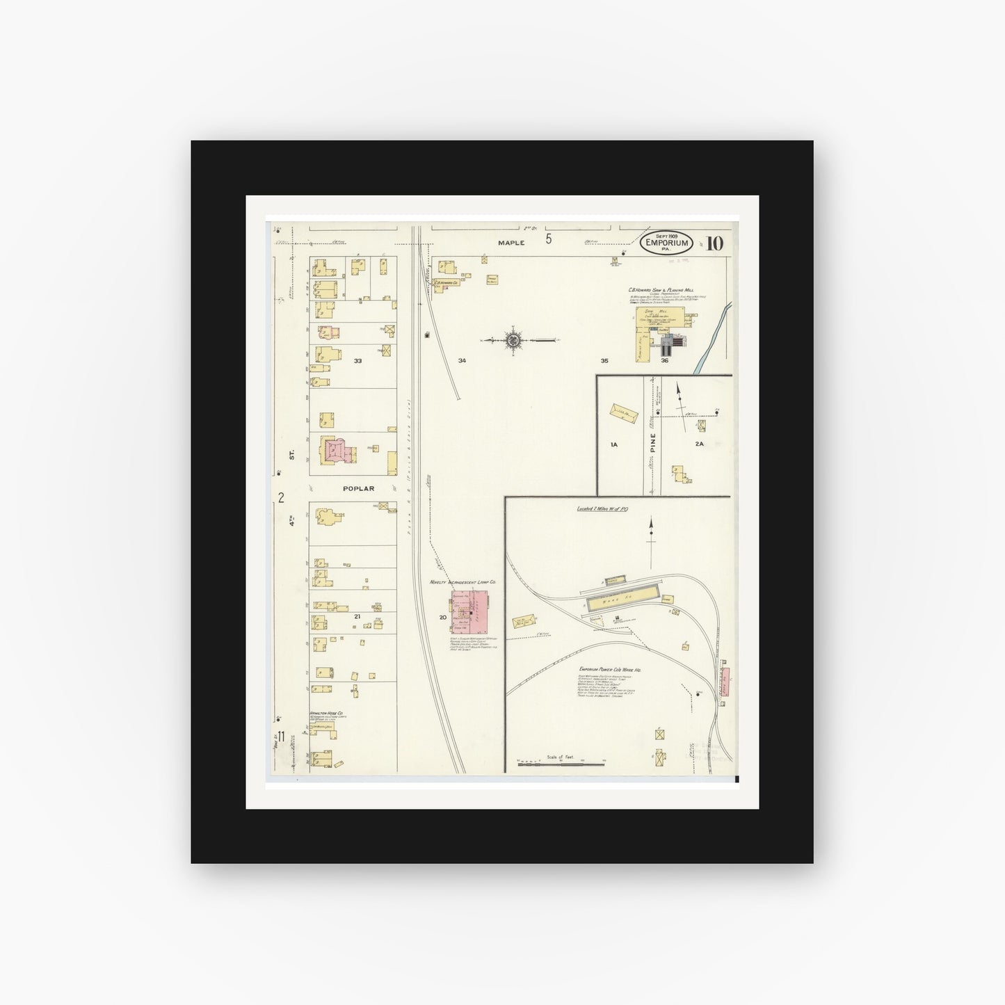 Old map wall art mockup — black gallery frame with white mat — Sanborn Fire Insurance Map from Emporium, Cameron County, Pennsylvania (1909), Sheet #0010