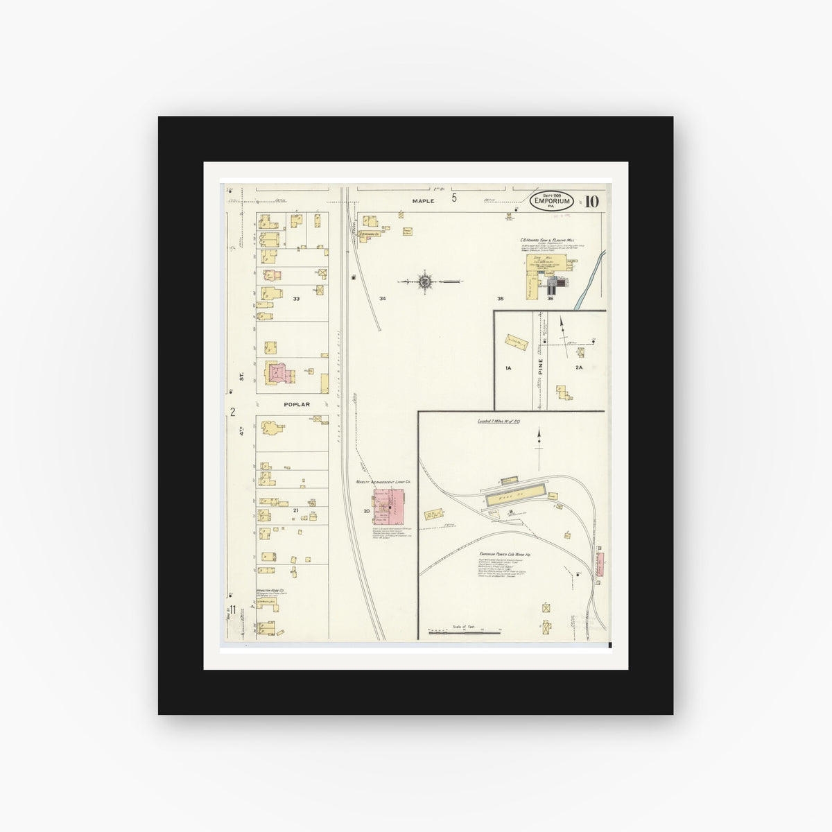 Old map wall art mockup — black gallery frame with white mat — Sanborn Fire Insurance Map from Emporium, Cameron County, Pennsylvania (1909), Sheet #0010