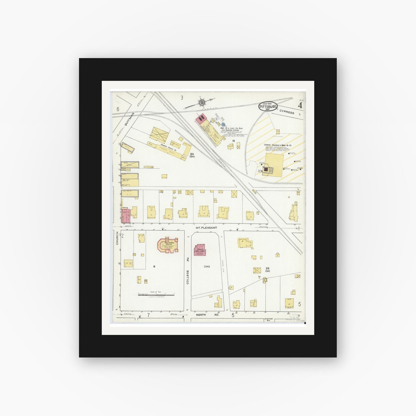Old map wall art mockup — black gallery frame with white mat — Sanborn Fire Insurance Map from Pittsburg, Camp County, Texas (1921), Sheet #0004