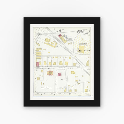 Old map wall art mockup — black gallery frame with white mat — Sanborn Fire Insurance Map from Pittsburg, Camp County, Texas (1921), Sheet #0004