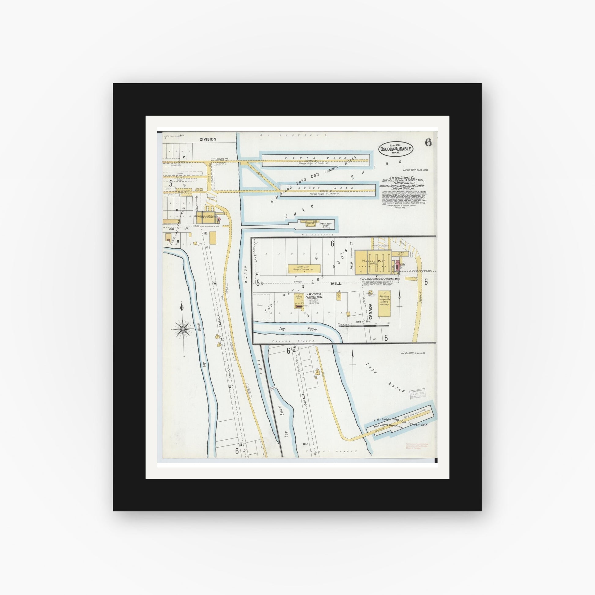 Old map wall art mockup — black gallery frame with white mat — Sanborn Fire Insurance Map from Oscoda, Iosco County, Michigan (1901), Sheet #0006