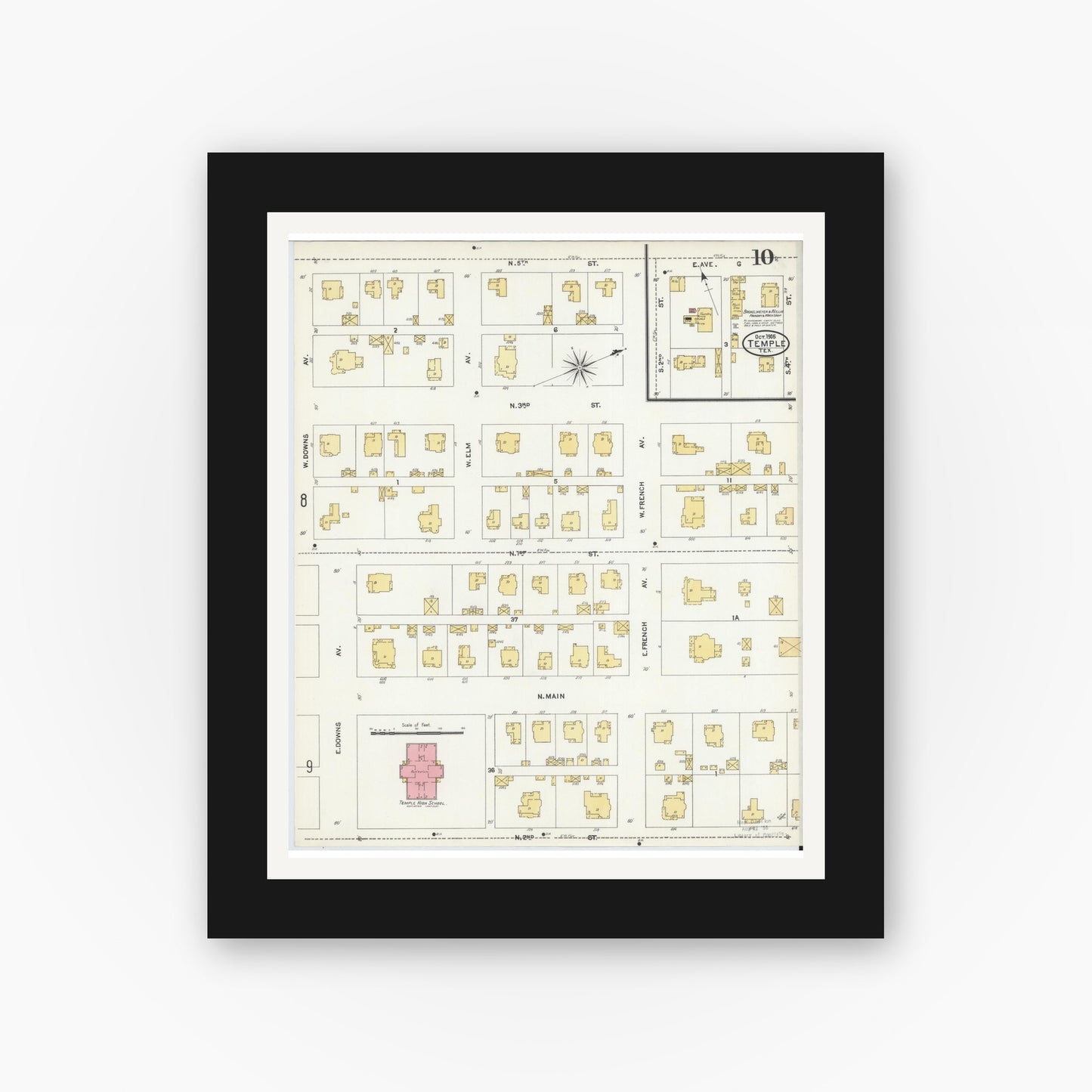 Old map wall art mockup — black gallery frame with white mat — Sanborn Fire Insurance Map from Temple, Bell County, Texas (1905), Sheet #0010