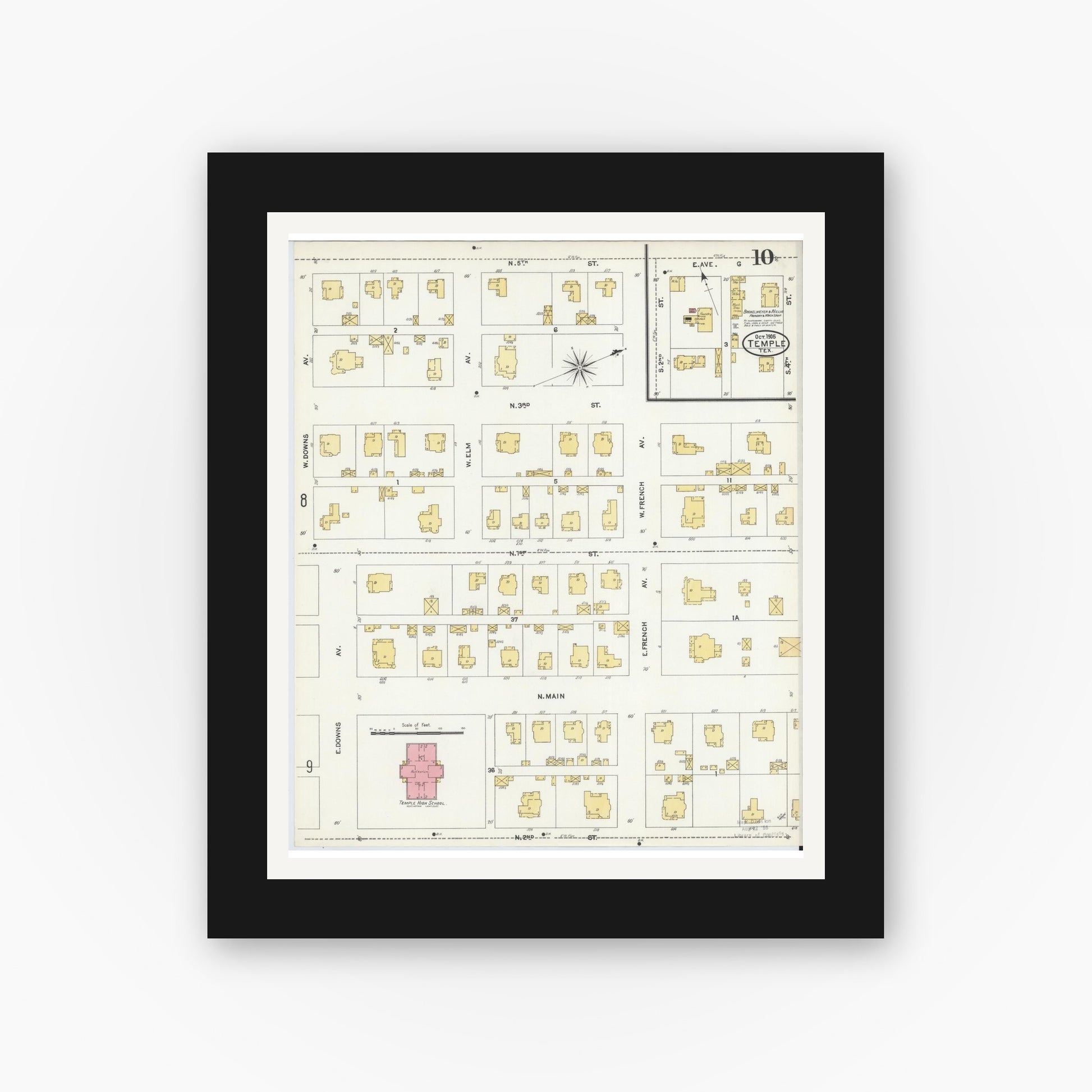 Old map wall art mockup — black gallery frame with white mat — Sanborn Fire Insurance Map from Temple, Bell County, Texas (1905), Sheet #0010
