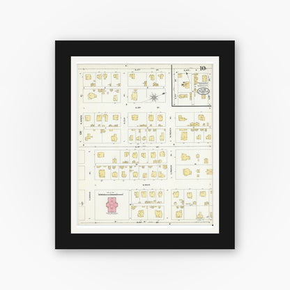 Old map wall art mockup — black gallery frame with white mat — Sanborn Fire Insurance Map from Temple, Bell County, Texas (1905), Sheet #0010