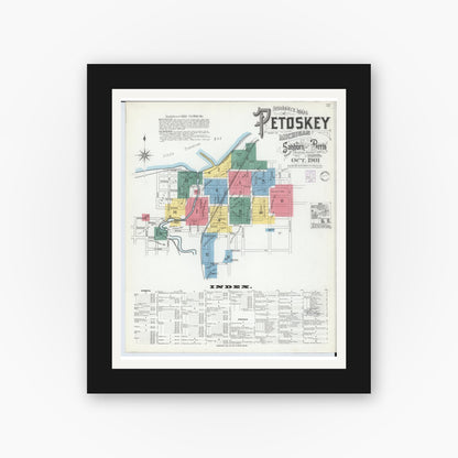 Old map wall art mockup — black gallery frame with white mat — Sanborn Fire Insurance Map from Petoskey, Emmet County, Michigan (1901) - Complete Map Set