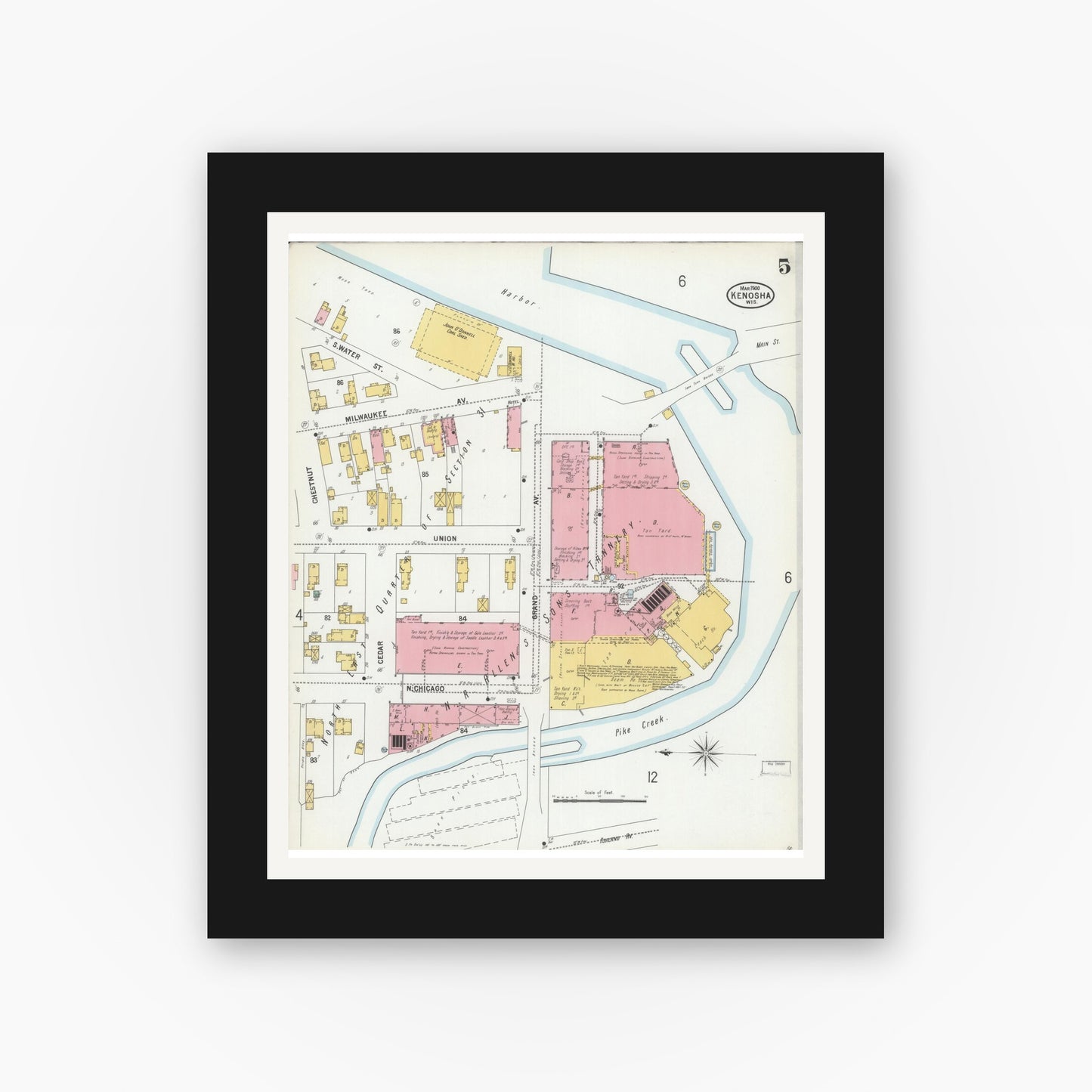 Old map wall art mockup — black gallery frame with white mat — Sanborn Fire Insurance Map from Kenosha, Kenosha County, Wisconsin (1900), Sheet #0005