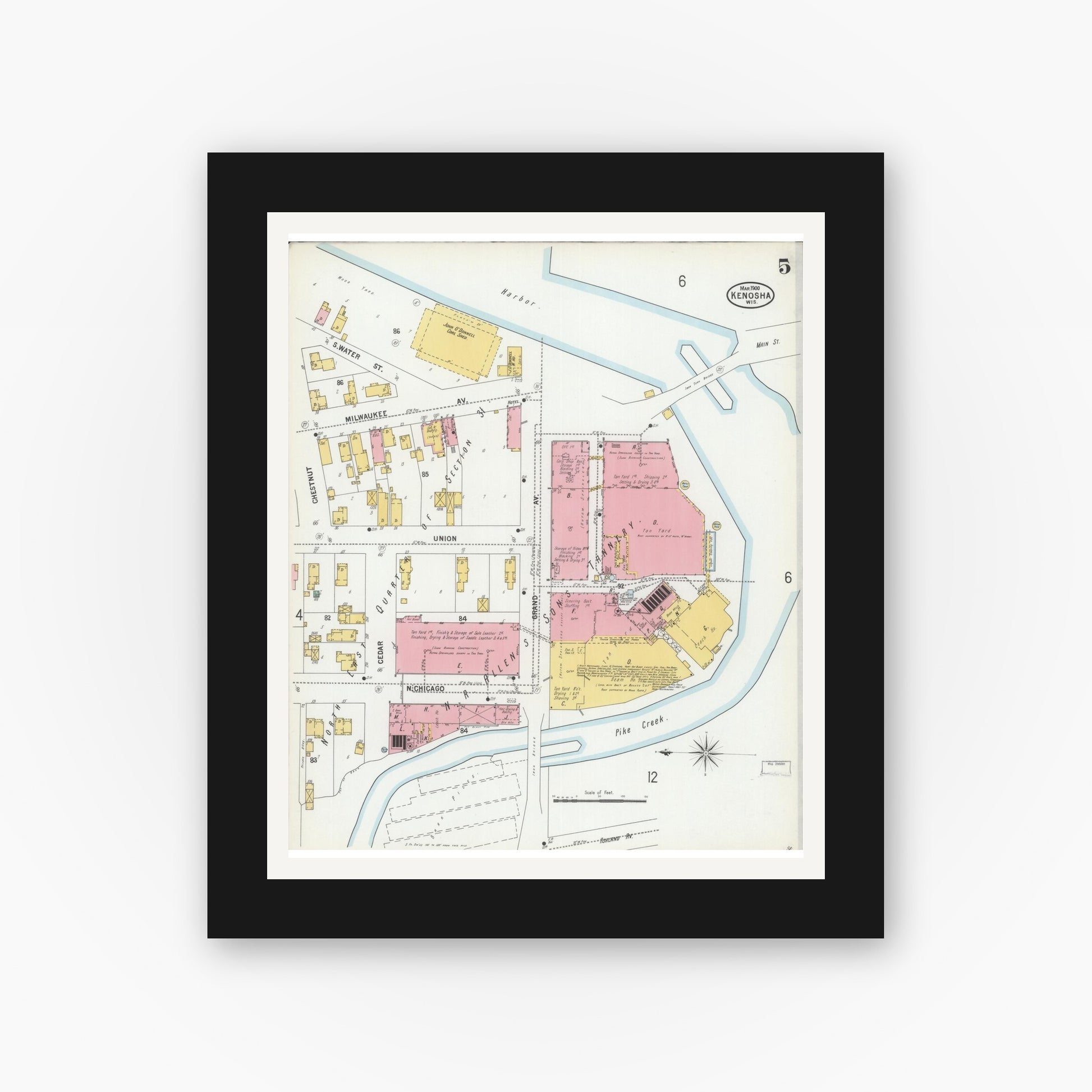 Old map wall art mockup — black gallery frame with white mat — Sanborn Fire Insurance Map from Kenosha, Kenosha County, Wisconsin (1900), Sheet #0005