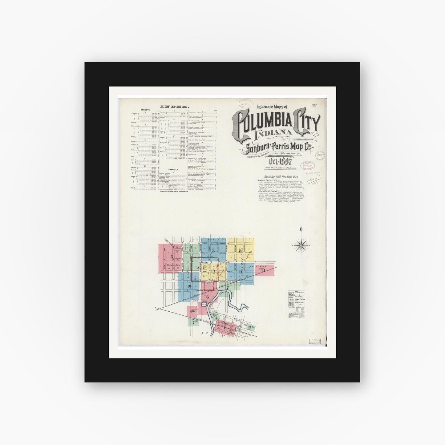 Old map wall art mockup — black gallery frame with white mat — Sanborn Fire Insurance Map from Columbia City, Whitley County, Indiana (1897) - Complete Map Set