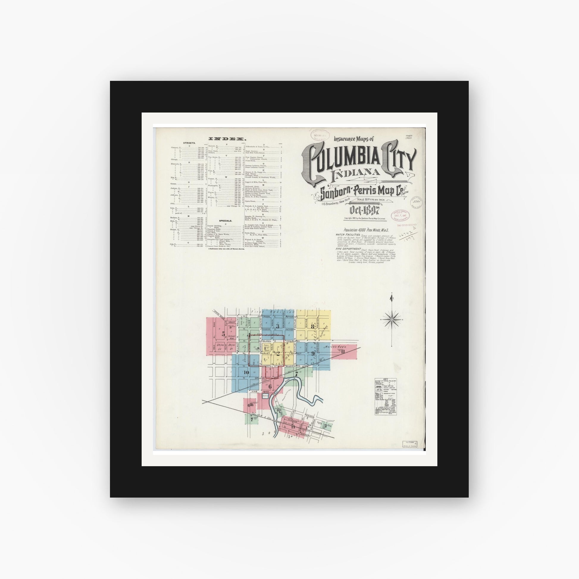 Old map wall art mockup — black gallery frame with white mat — Sanborn Fire Insurance Map from Columbia City, Whitley County, Indiana (1897) - Complete Map Set