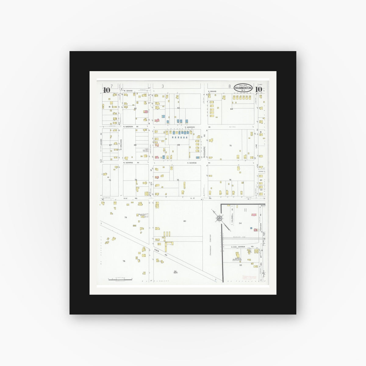 Old map wall art mockup — black gallery frame with white mat — Sanborn Fire Insurance Map from Hammonton, Atlantic County, New Jersey (1930), Sheet #0010