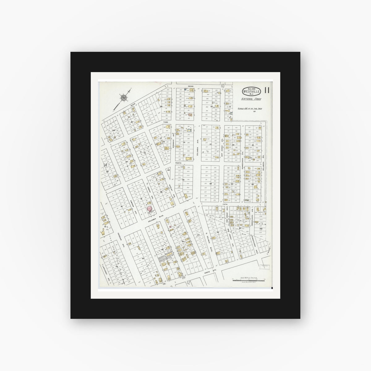 Old map wall art mockup — black gallery frame with white mat — Sanborn Fire Insurance Map from Westville, Gloucester County, New Jersey (1919), Sheet #0011
