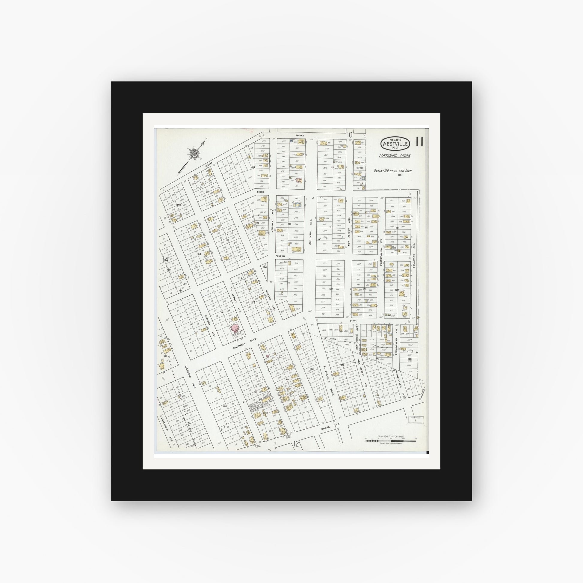 Old map wall art mockup — black gallery frame with white mat — Sanborn Fire Insurance Map from Westville, Gloucester County, New Jersey (1919), Sheet #0011