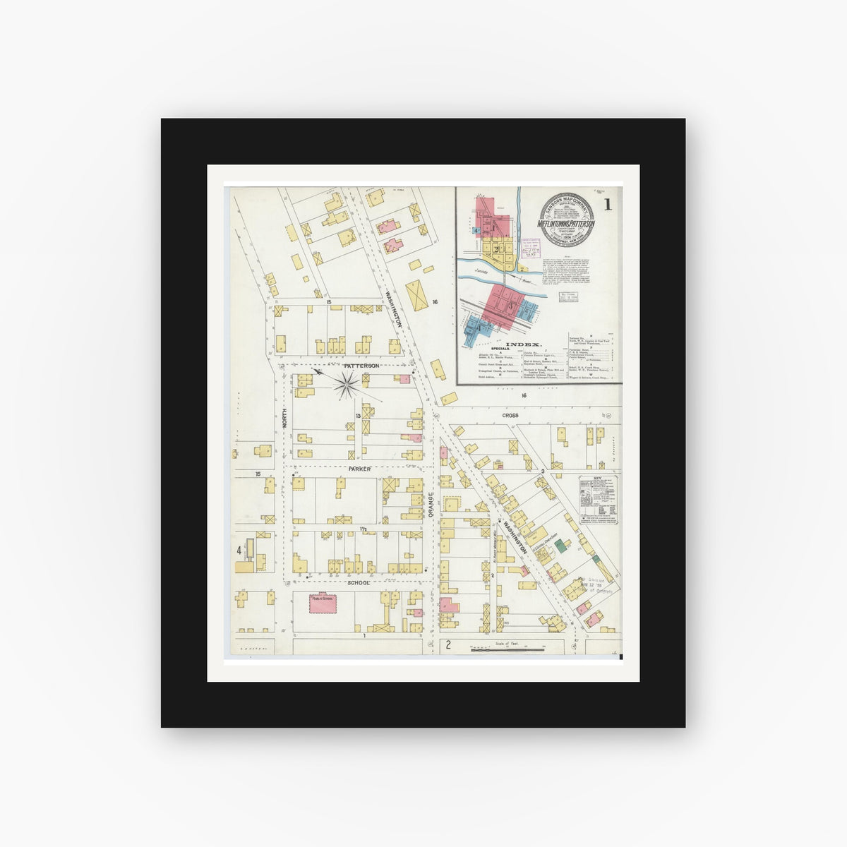 Old map wall art mockup — black gallery frame with white mat — Sanborn Fire Insurance Map from Mifflintown, Juniata County, Pennsylvania (1904) - Complete Map Set