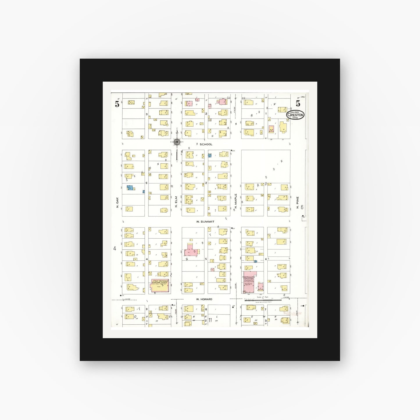 Old map wall art mockup — black gallery frame with white mat — Sanborn Fire Insurance Map from Creston, Union County, Iowa (1923), Sheet #0005