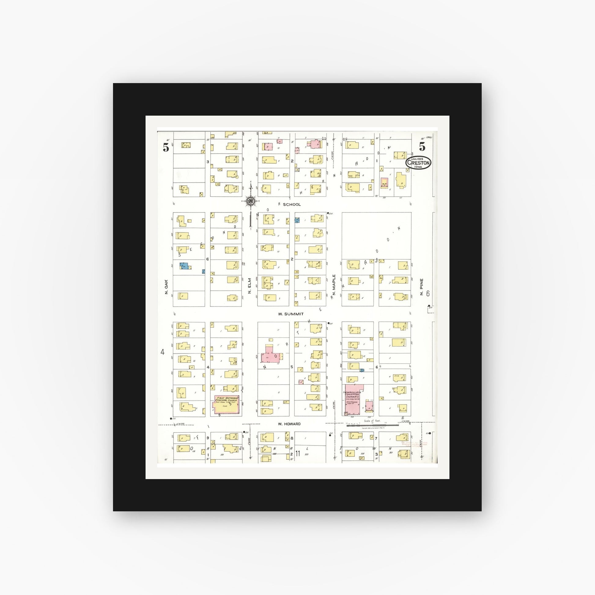 Old map wall art mockup — black gallery frame with white mat — Sanborn Fire Insurance Map from Creston, Union County, Iowa (1923), Sheet #0005
