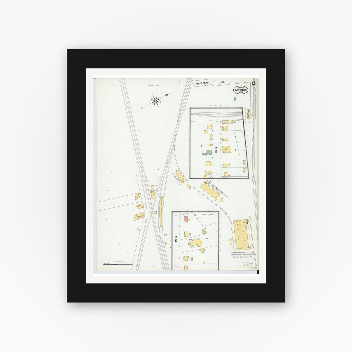 Old map wall art mockup — black gallery frame with white mat — Sanborn Fire Insurance Map from Creston, Wayne County, Ohio (1900), Sheet #0002