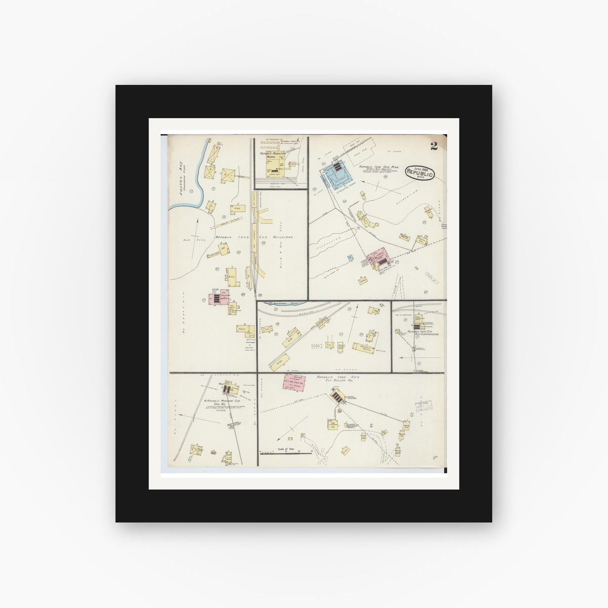 Old map wall art mockup — black gallery frame with white mat — Sanborn Fire Insurance Map from Republic, Marquette County, Michigan (1888), Sheet #0002