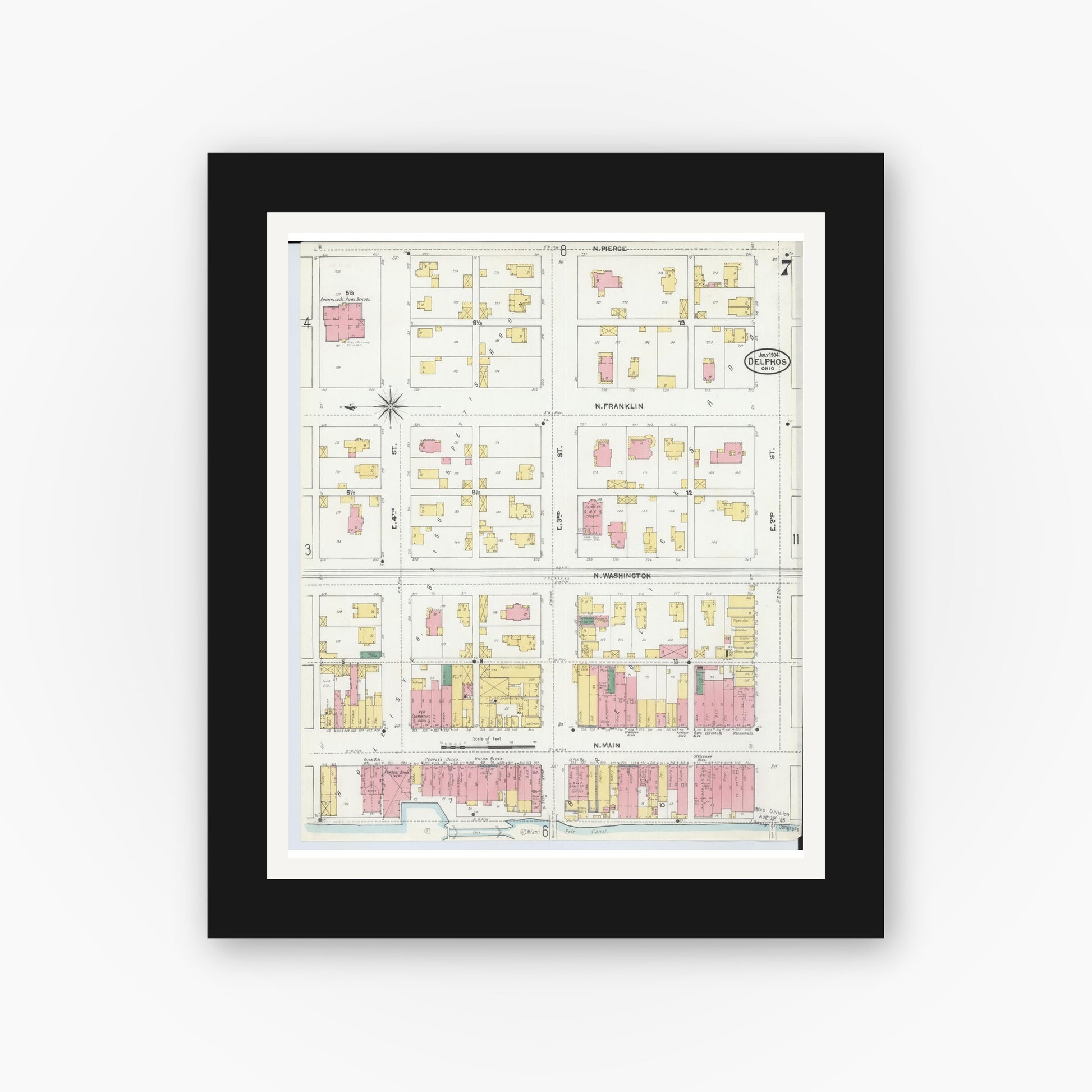 Old map wall art mockup — black gallery frame with white mat — Sanborn Fire Insurance Map from Delphos, Van Wert And Allen Counties, Ohio (1904), Sheet #0007