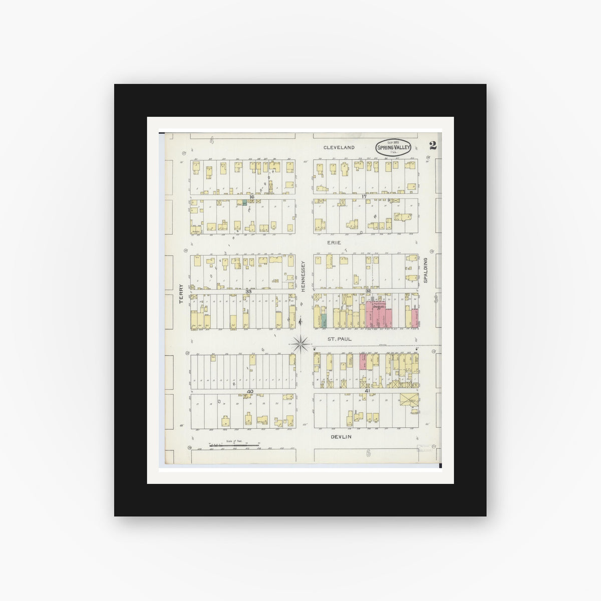 Old map wall art mockup — black gallery frame with white mat — Sanborn Fire Insurance Map from Spring Valley, Bureau County, Illinois (1893), Sheet #0002