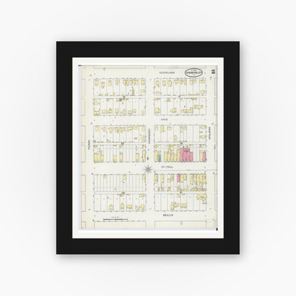 Old map wall art mockup — black gallery frame with white mat — Sanborn Fire Insurance Map from Spring Valley, Bureau County, Illinois (1893), Sheet #0002