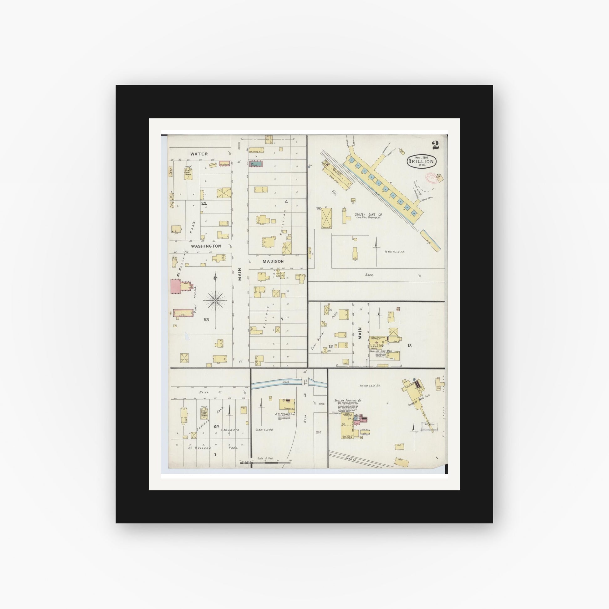 Old map wall art mockup — black gallery frame with white mat — Sanborn Fire Insurance Map from Brillion, Calumet County, Wisconsin (1894), Sheet #0002