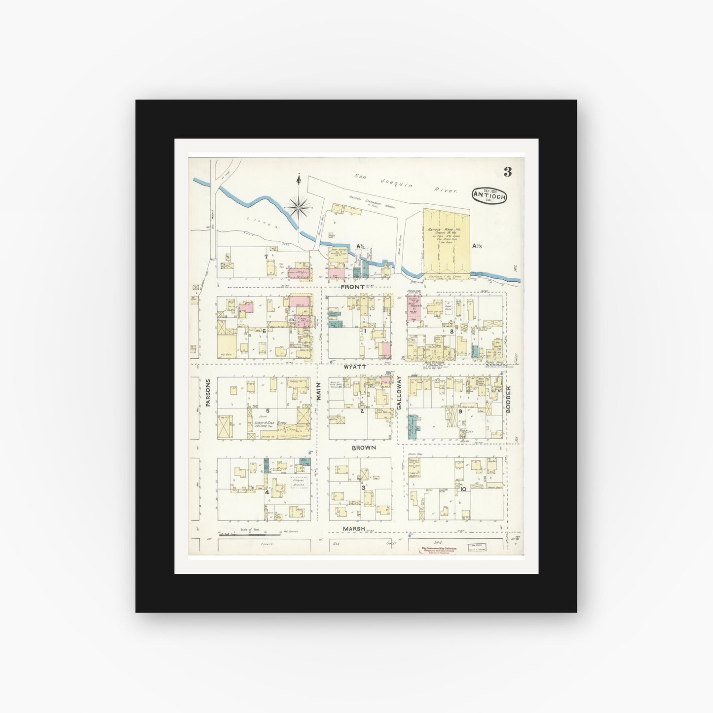 Old map wall art mockup — black gallery frame with white mat — Sanborn Fire Insurance Map from Antioch, Contra Costa County, California (1891), Sheet #0003