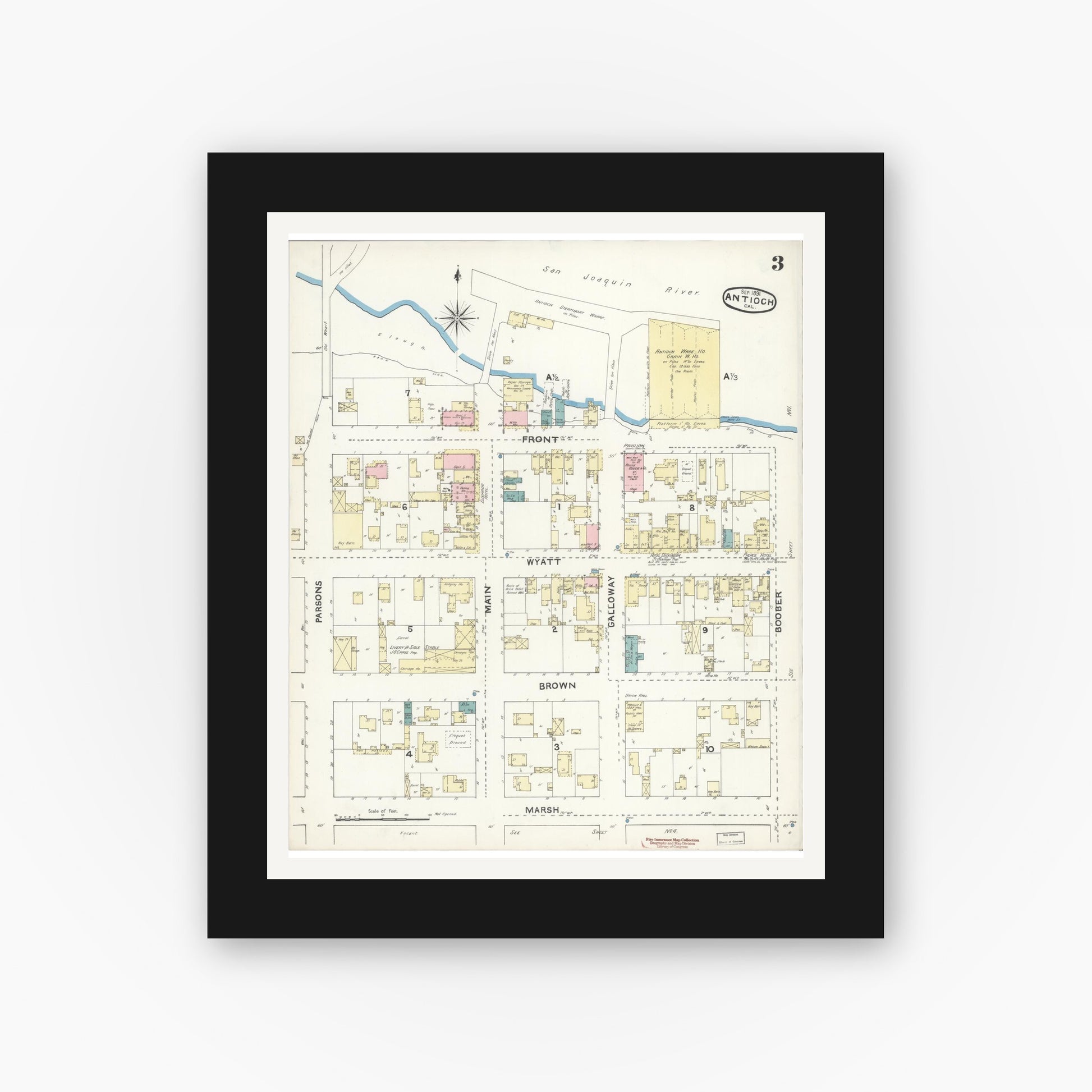 Old map wall art mockup — black gallery frame with white mat — Sanborn Fire Insurance Map from Antioch, Contra Costa County, California (1891), Sheet #0003