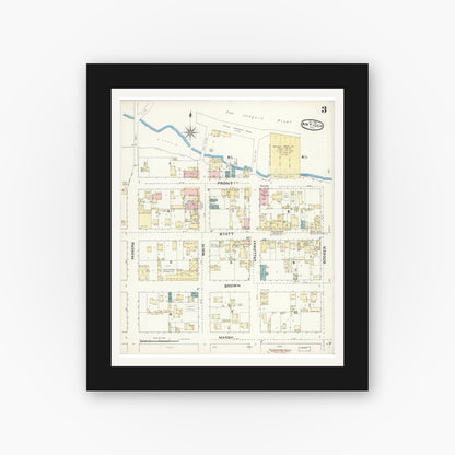 Old map wall art mockup — black gallery frame with white mat — Sanborn Fire Insurance Map from Antioch, Contra Costa County, California (1891), Sheet #0003