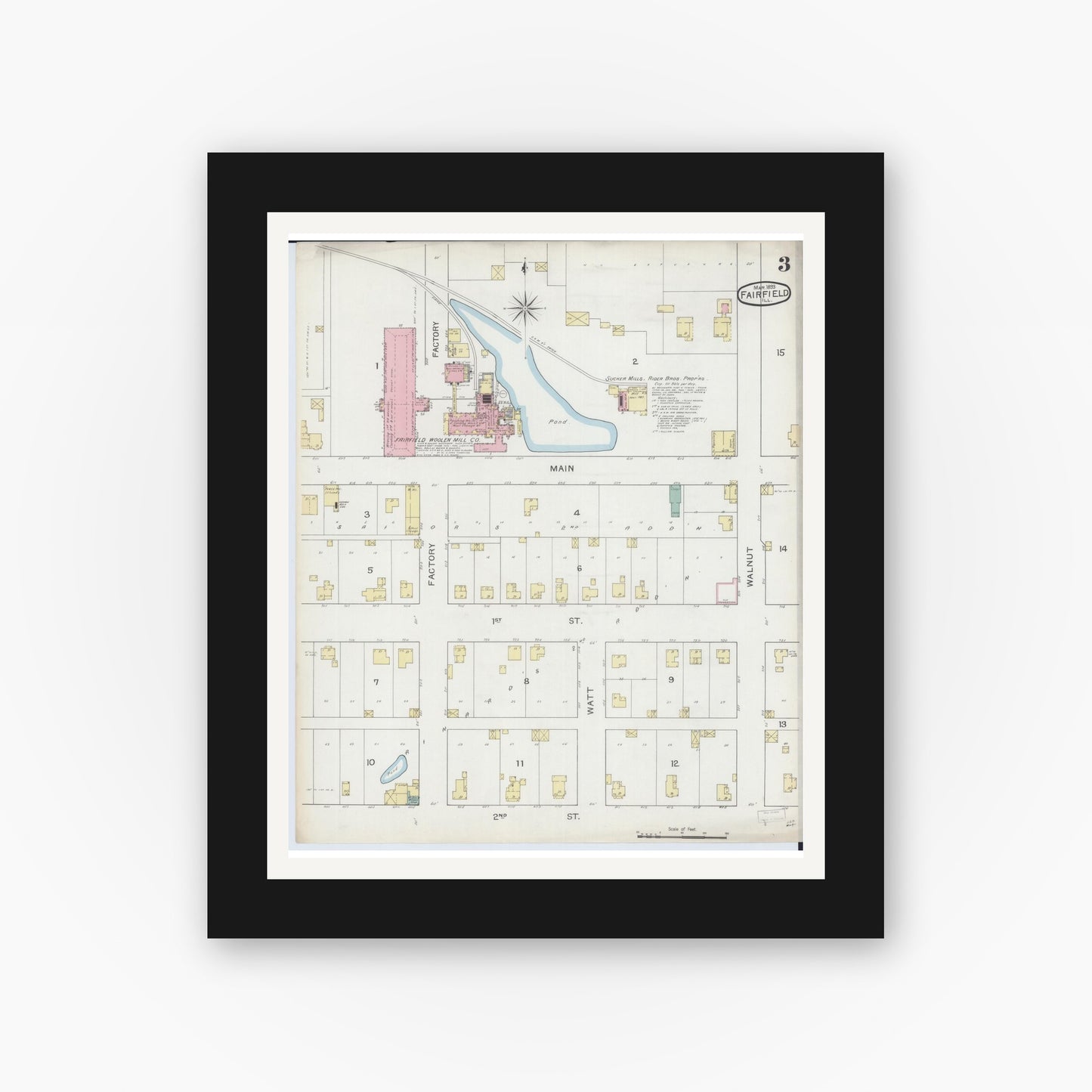 Old map wall art mockup — black gallery frame with white mat — Sanborn Fire Insurance Map from Fairfield, Wayne County, Illinois (1893), Sheet #0003
