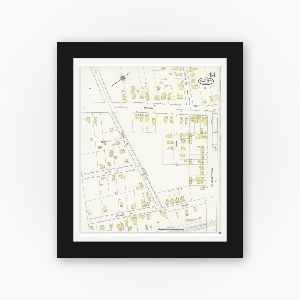 Old map wall art mockup — black gallery frame with white mat — Sanborn Fire Insurance Map from Charlotte, Monroe County, New York (1912), Sheet #0014