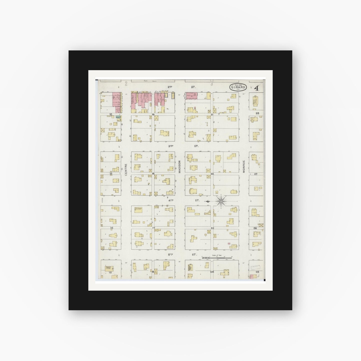 Old map wall art mockup — black gallery frame with white mat — Sanborn Fire Insurance Map from Girard, Macoupin County, Illinois (1894), Sheet #0004