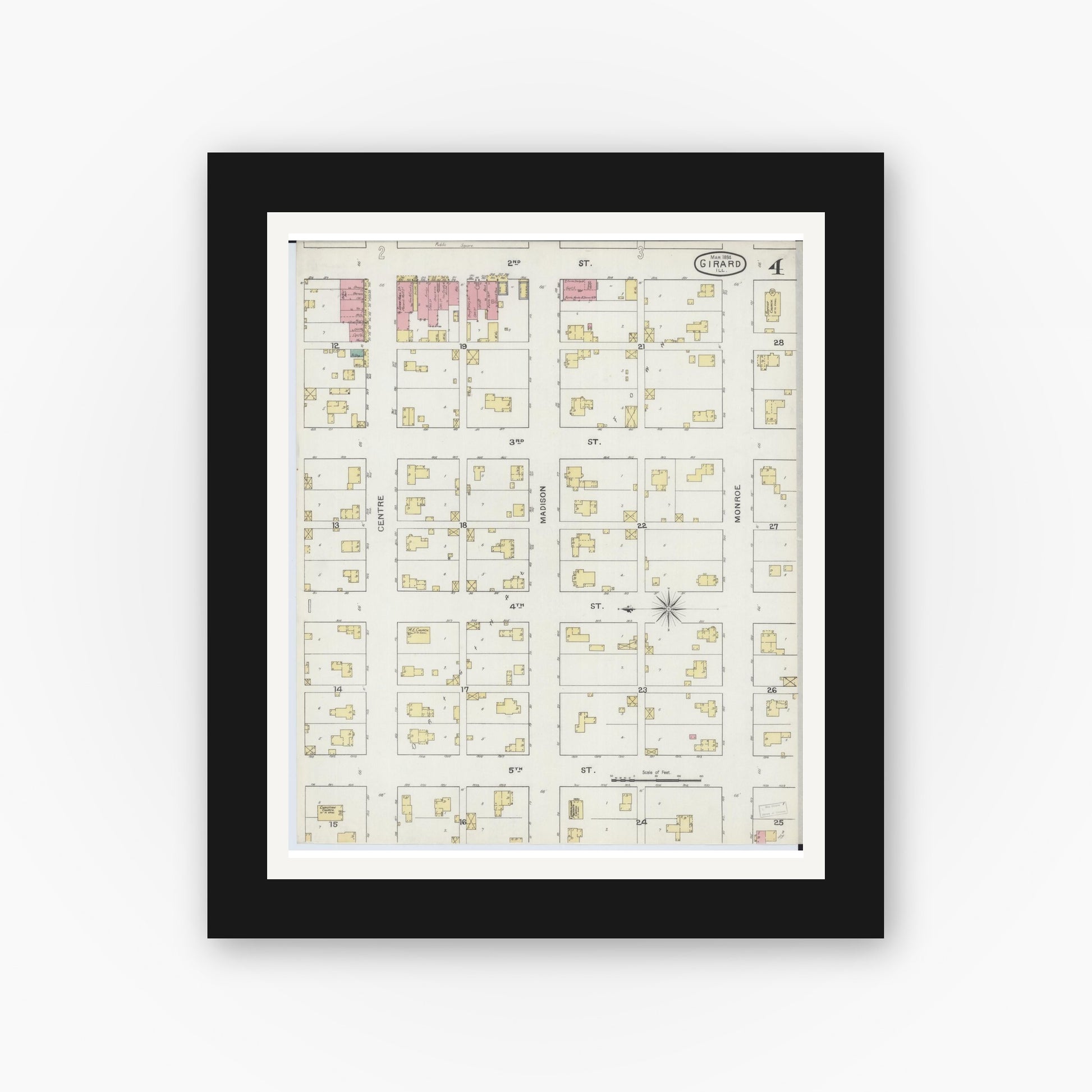 Old map wall art mockup — black gallery frame with white mat — Sanborn Fire Insurance Map from Girard, Macoupin County, Illinois (1894), Sheet #0004