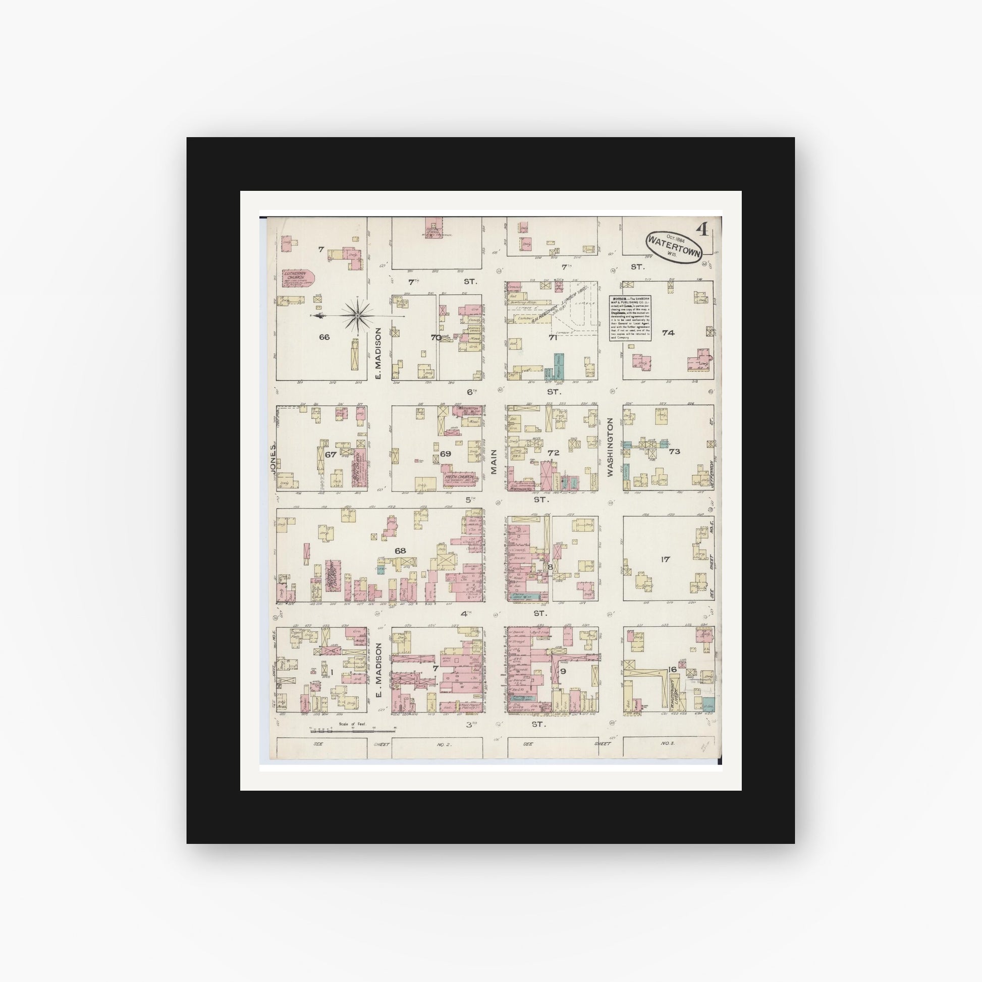 Old map wall art mockup — black gallery frame with white mat — Sanborn Fire Insurance Map from Watertown, Jefferson County, Wisconsin (1884), Sheet #0004