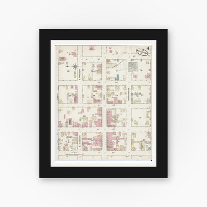 Old map wall art mockup — black gallery frame with white mat — Sanborn Fire Insurance Map from Watertown, Jefferson County, Wisconsin (1884), Sheet #0004