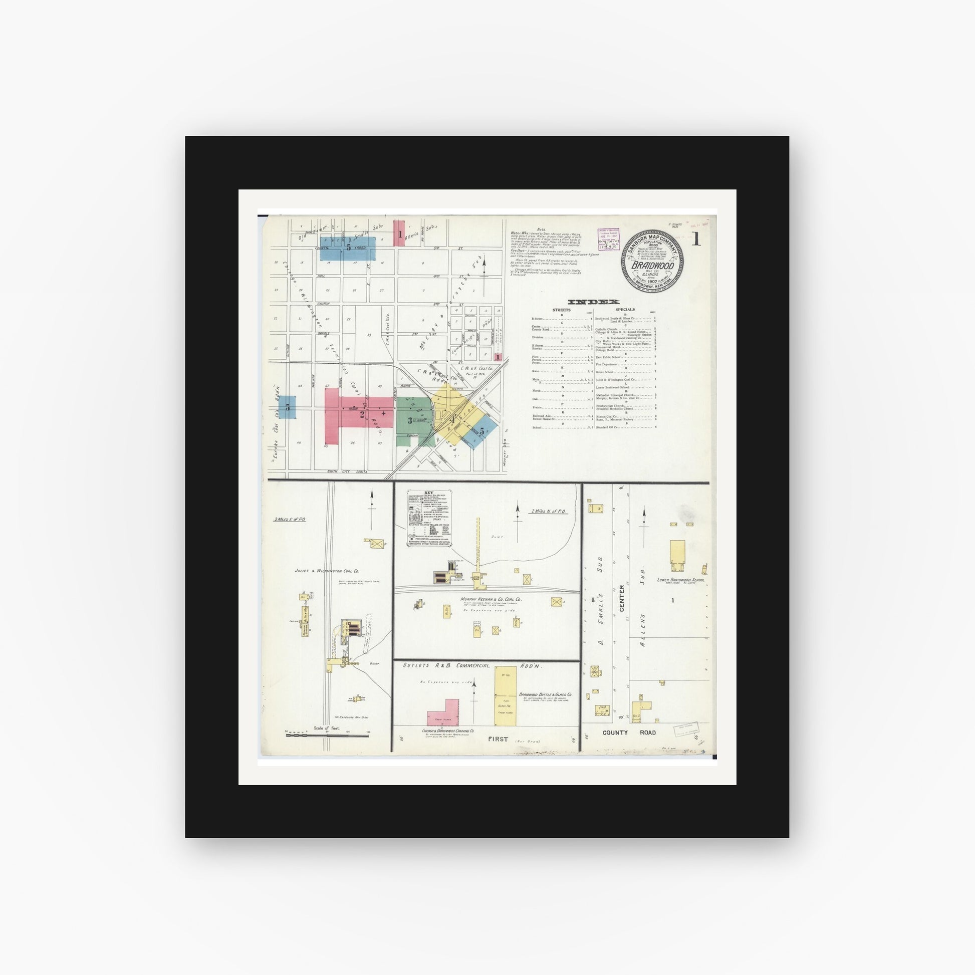 Old map wall art mockup — black gallery frame with white mat — Sanborn Fire Insurance Map from Braidwood, Will County, Illinois (1907), Sheet #0001