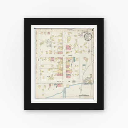Old map wall art mockup — black gallery frame with white mat — Sanborn Fire Insurance Map from Flushing, Genesee County, Michigan (1893), Sheet #0001