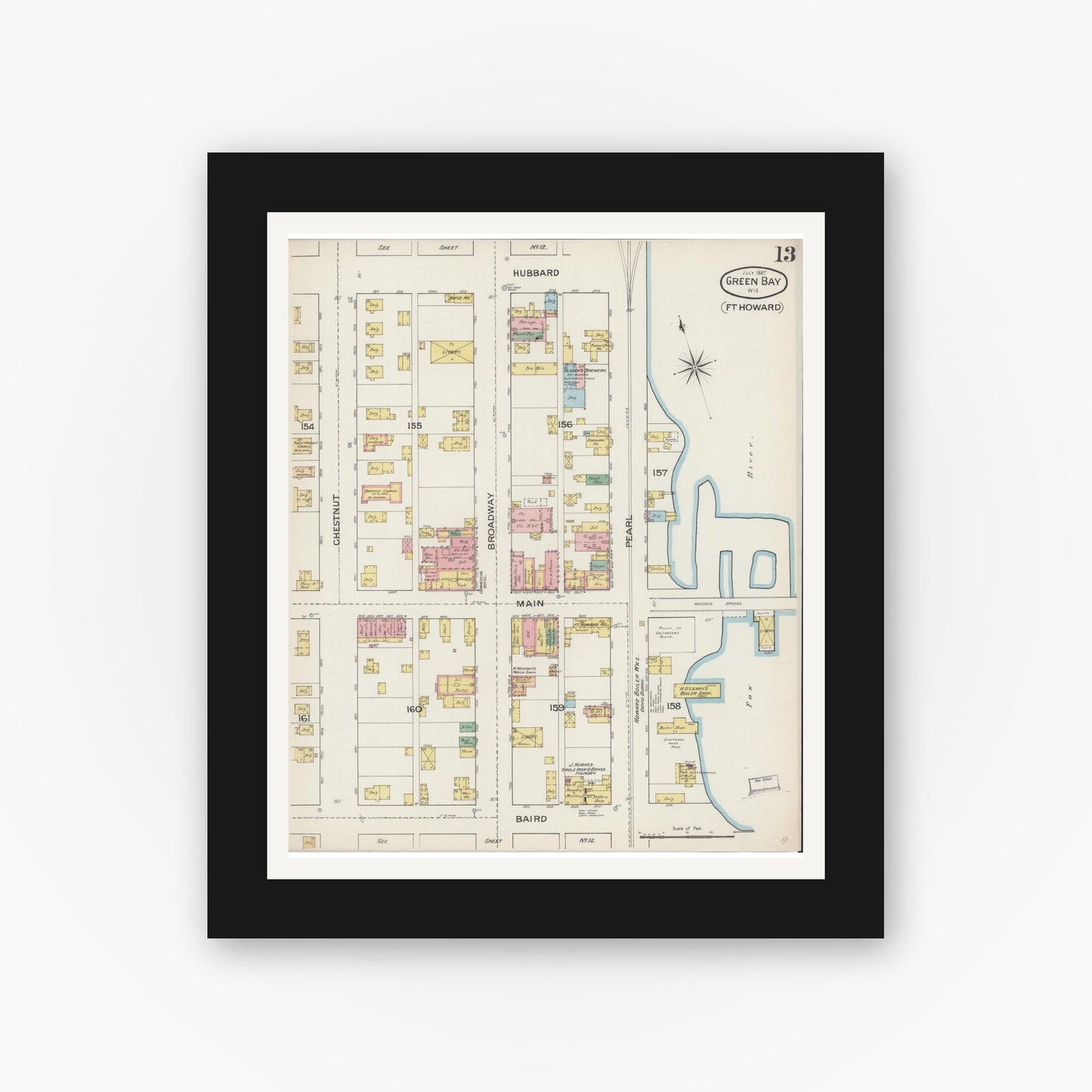Old map wall art mockup — black gallery frame with white mat — Sanborn Fire Insurance Map from Green Bay, Brown County, Wisconsin (1887), Sheet #0013