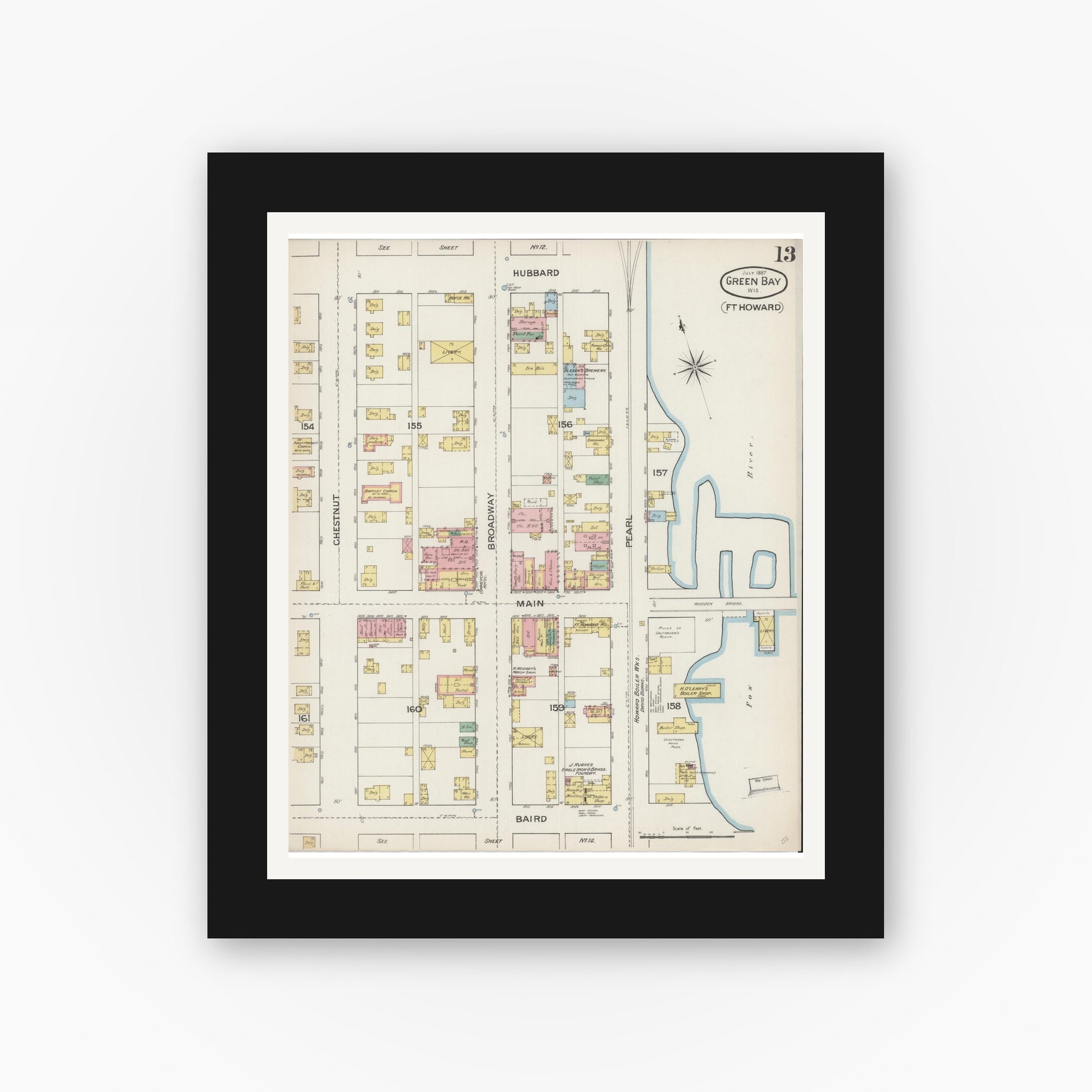 Old map wall art mockup — black gallery frame with white mat — Sanborn Fire Insurance Map from Green Bay, Brown County, Wisconsin (1887), Sheet #0013