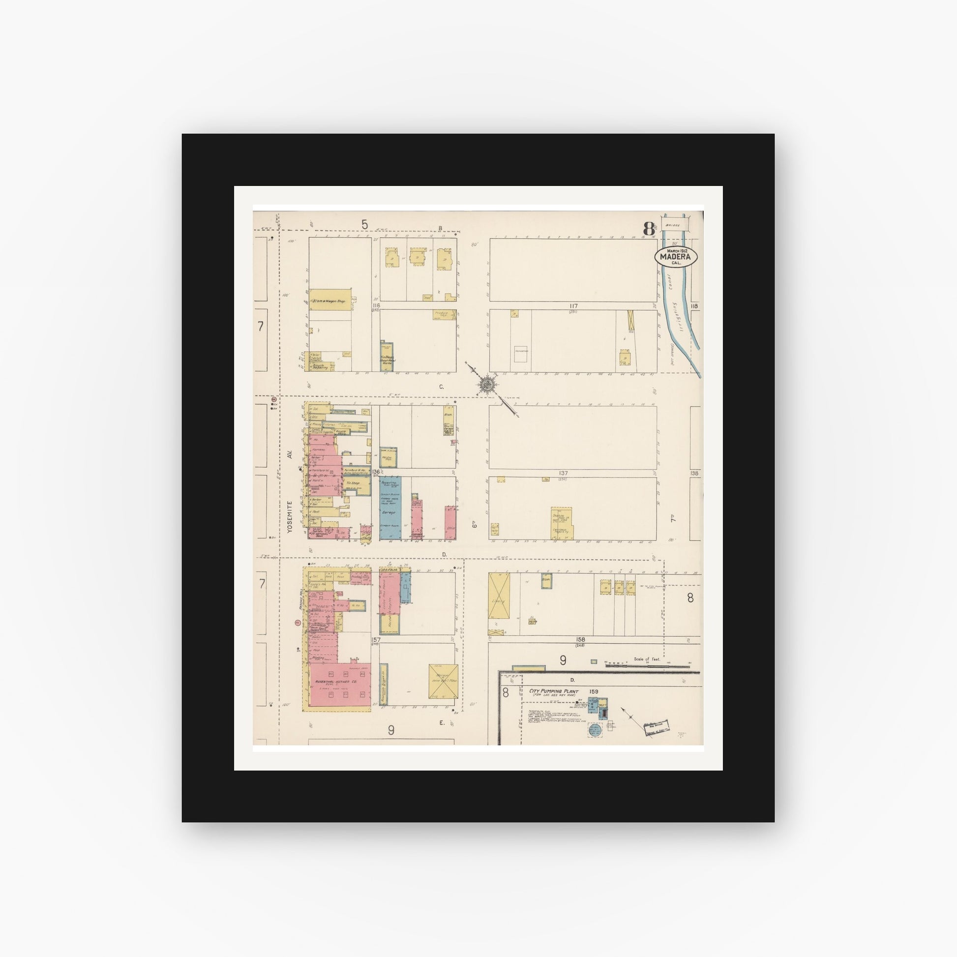 Old map wall art mockup — black gallery frame with white mat — Sanborn Fire Insurance Map from Madera, Madera County, California (1912), Sheet #0008